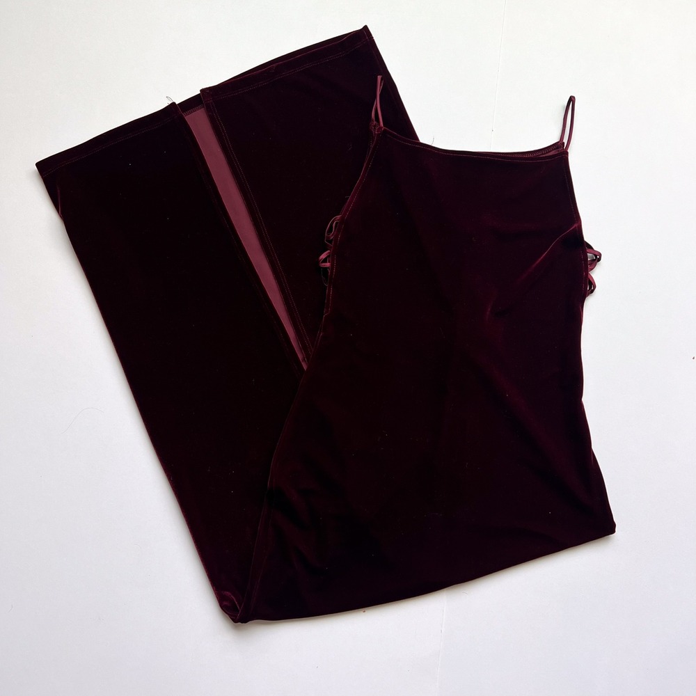 Vintage Steppin' Out 90s Red Velvet Maxi Dress with Lace-Up Sides